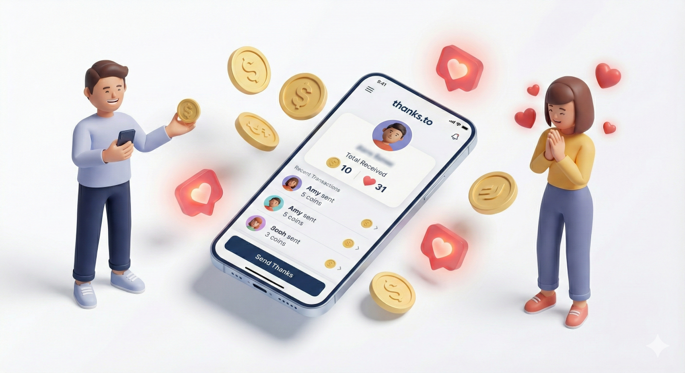 Concept illustration of thanks.to showing digital coins and hearts entering a mobile device